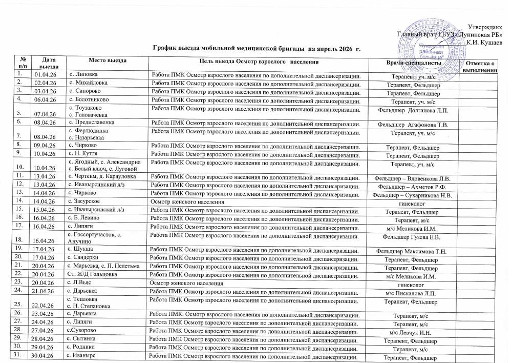 График выезда мобильной медицинской бригады на апрель 2026
