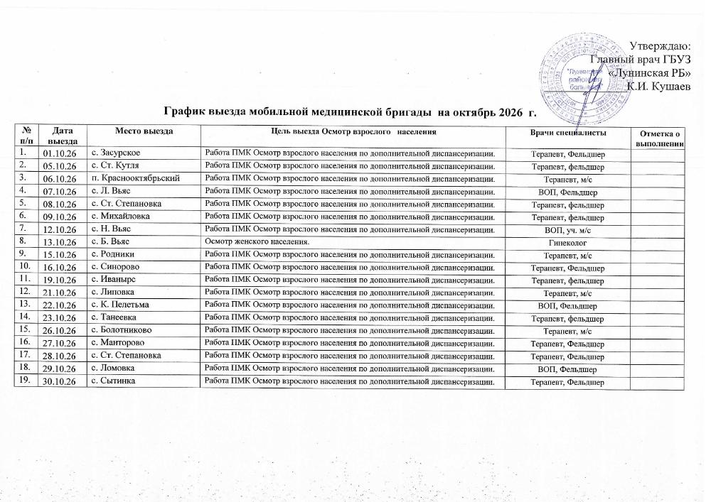 График выезда мобильной медицинской бригады на октябрь 2026 г.