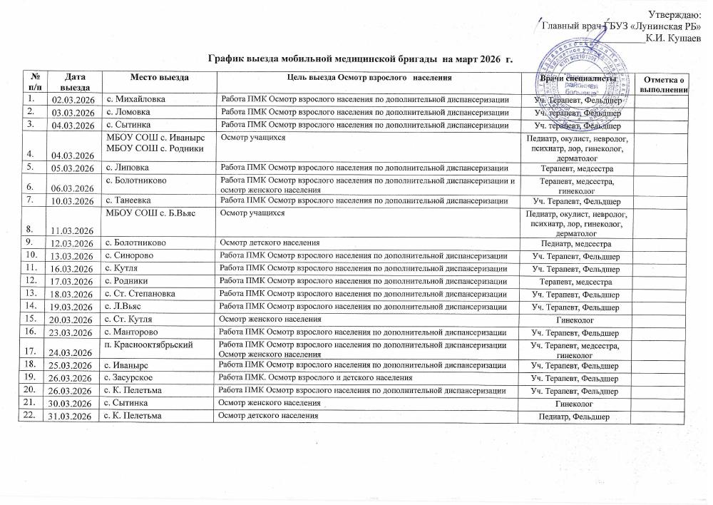График выезда мобильной медицинской бригады на март 2026