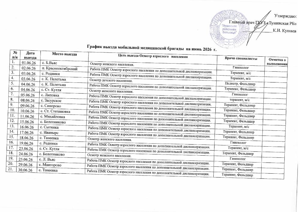 График выезда мобильной медицинской бригады на июнь 2026